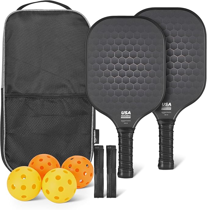 Set Amazon Basics de 2 palas de pickleball con pelotas y bolsa